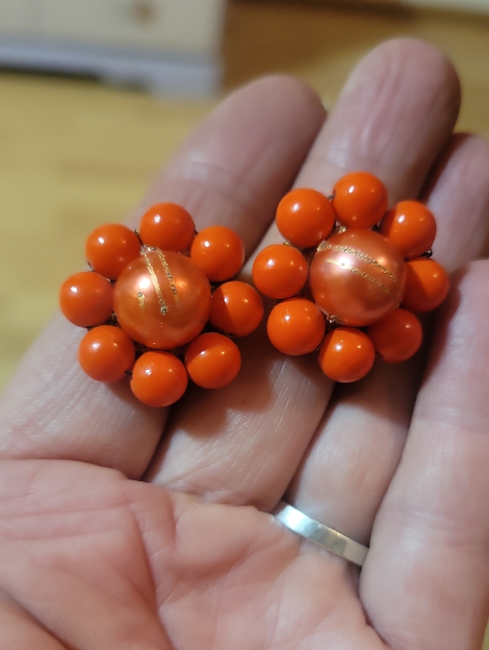 Orange Floral Cluster Clip-On Earrings - Vintage Style